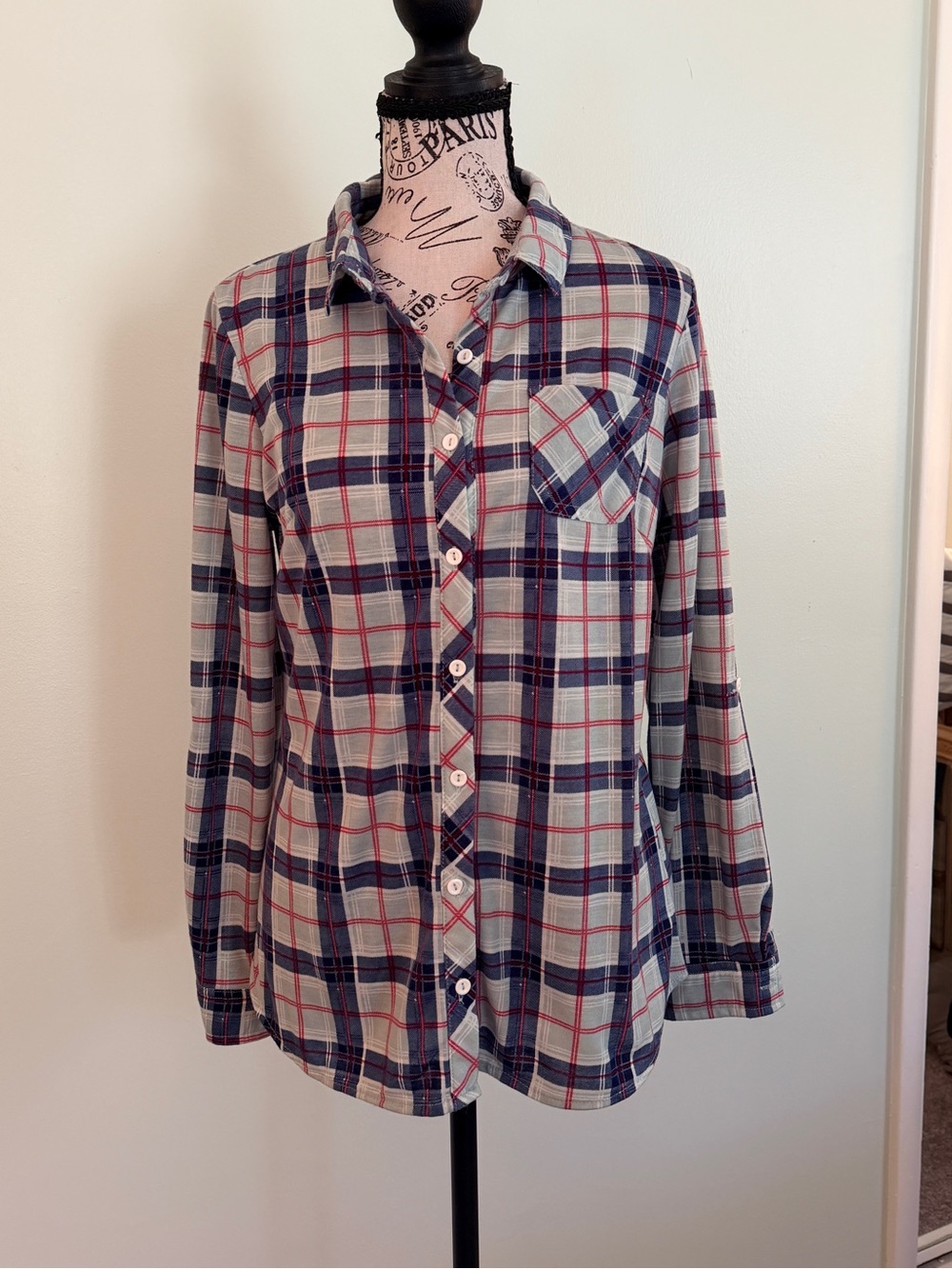Doublju Navy, Red, and Light Gray Plaid Shirt
